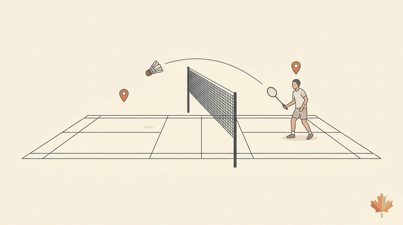 Illustrated indoor badminton courts representing Fredericton and Saint John places to play in New Brunswick