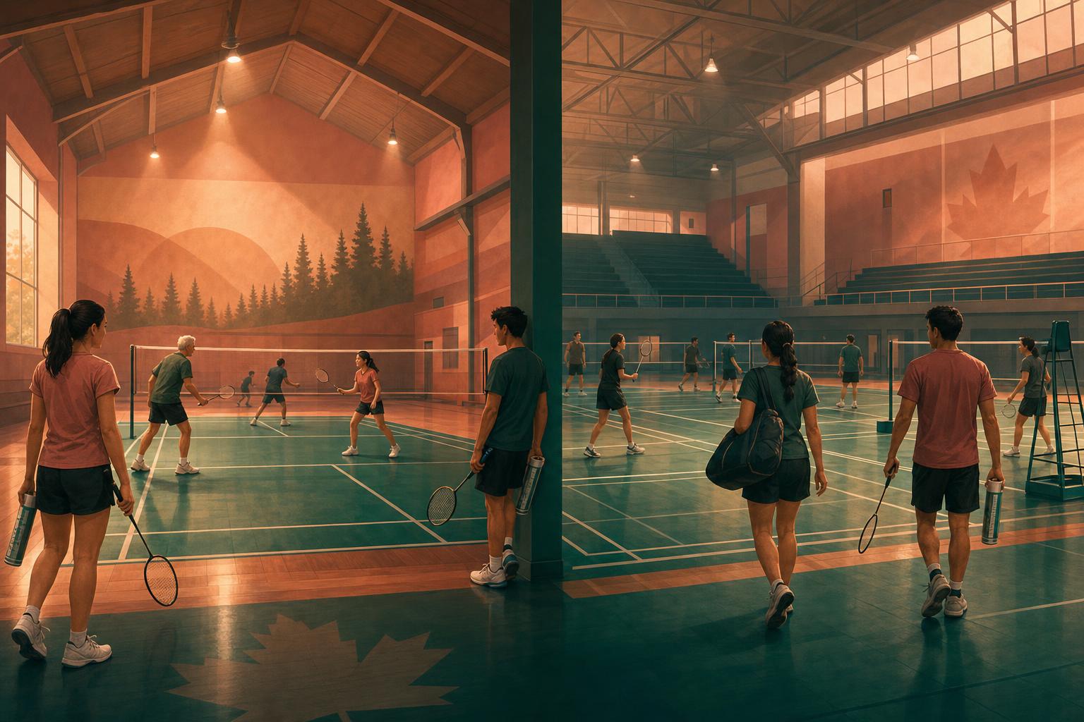 Illustrated indoor badminton courts representing Fredericton and Saint John places to play in New Brunswick