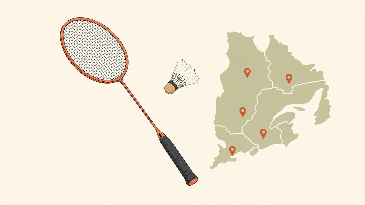 A flat-vector badminton racket with a crosshatched string bed and a shuttlecock beside a simplified regional map dotted with terracotta location pins, on a plain cream background.