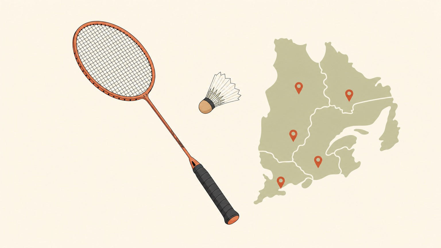 A flat-vector badminton racket with a crosshatched string bed and a shuttlecock beside a simplified regional map dotted with terracotta location pins, on a plain cream background.