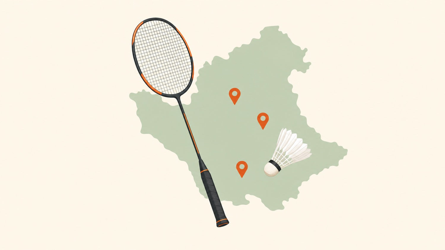 Flat vector illustration of a badminton racket with a crosshatched string bed and a shuttlecock beside a simple regional map marked with three terracotta location pins.