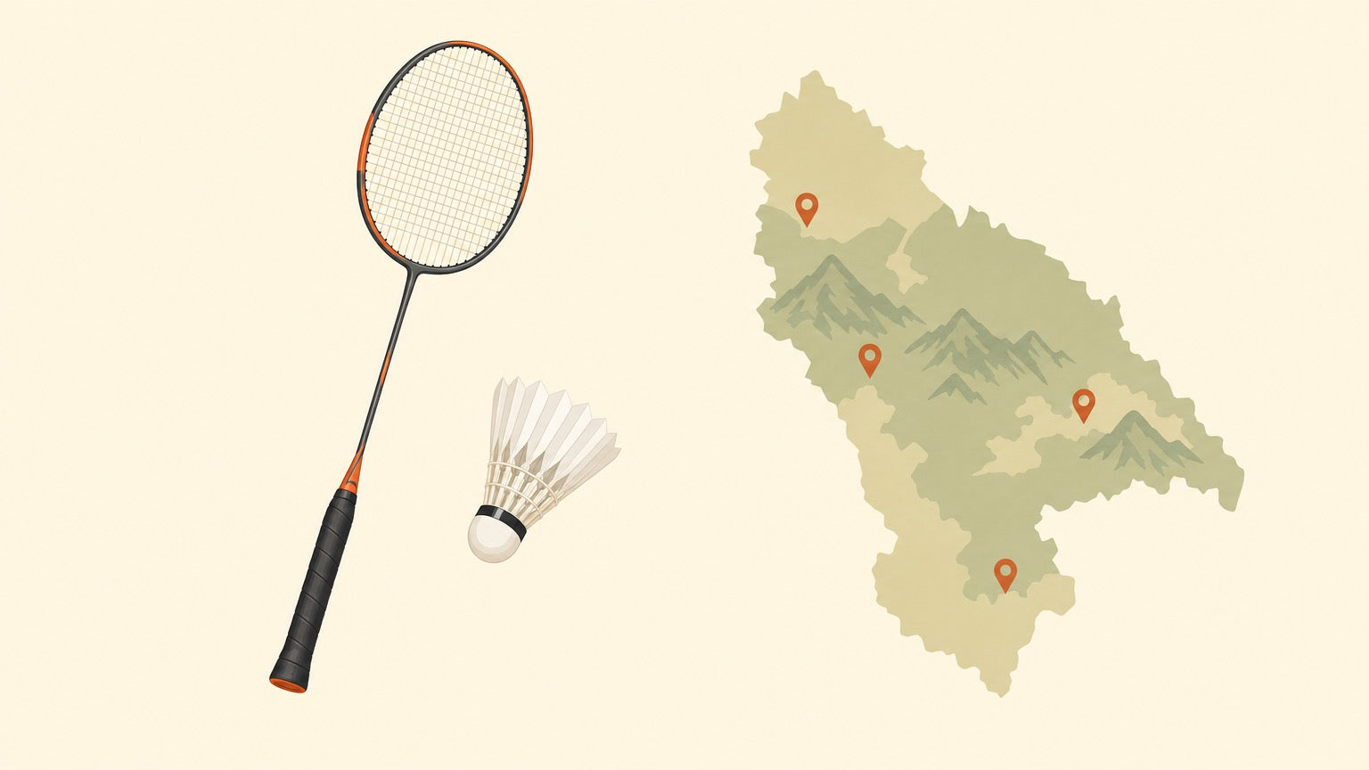A flat-vector badminton racket with a crosshatched string bed and a shuttlecock beside a simplified mountainous regional map dotted with terracotta location pins, on a cream background.