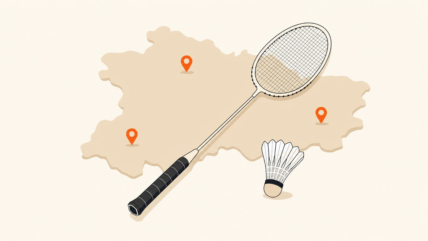 Badminton racket and shuttlecock with location pins representing places to play in Lanaudière