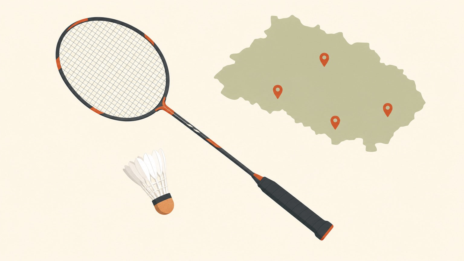Flat-vector badminton racket with a strung head and a shuttlecock beside a simplified regional map dotted with terracotta location pins, on a plain cream background.