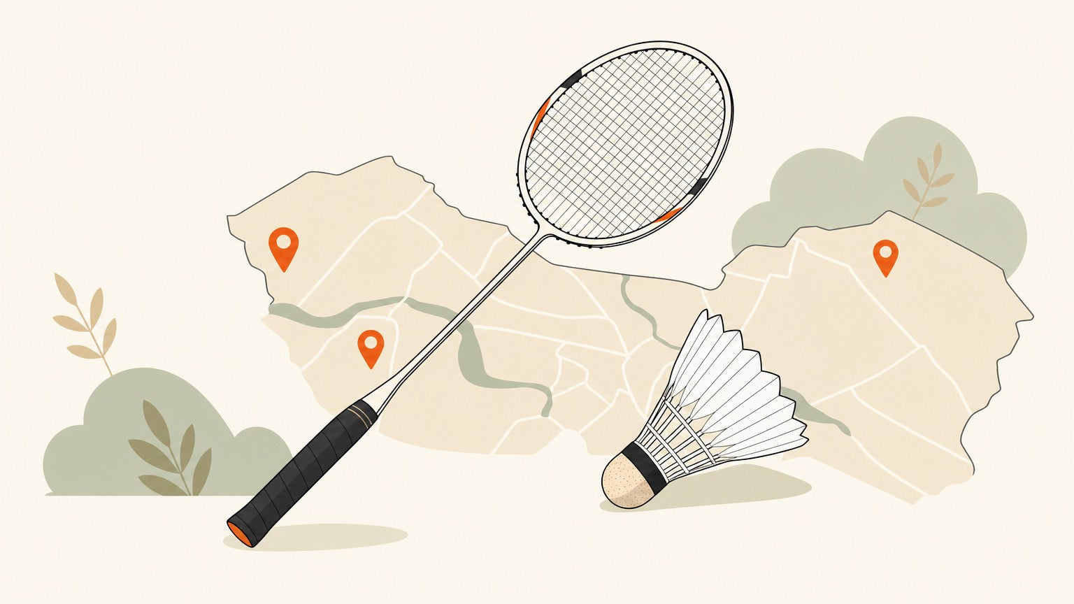 Badminton racket with shuttlecock and location pins for a Laval places-to-play guide