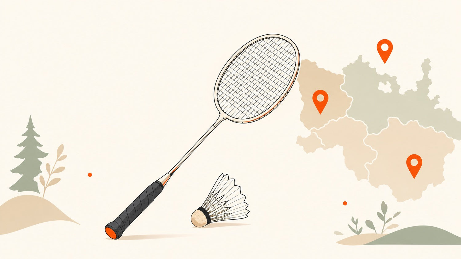 Badminton racket and shuttlecock with location pin motifs for a Longueuil and South Shore places-to-play guide