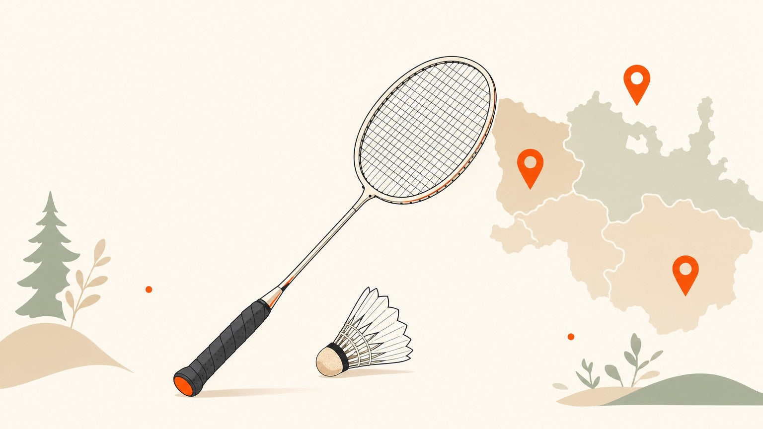 Badminton racket and shuttlecock with location pin motifs for a Longueuil and South Shore places-to-play guide