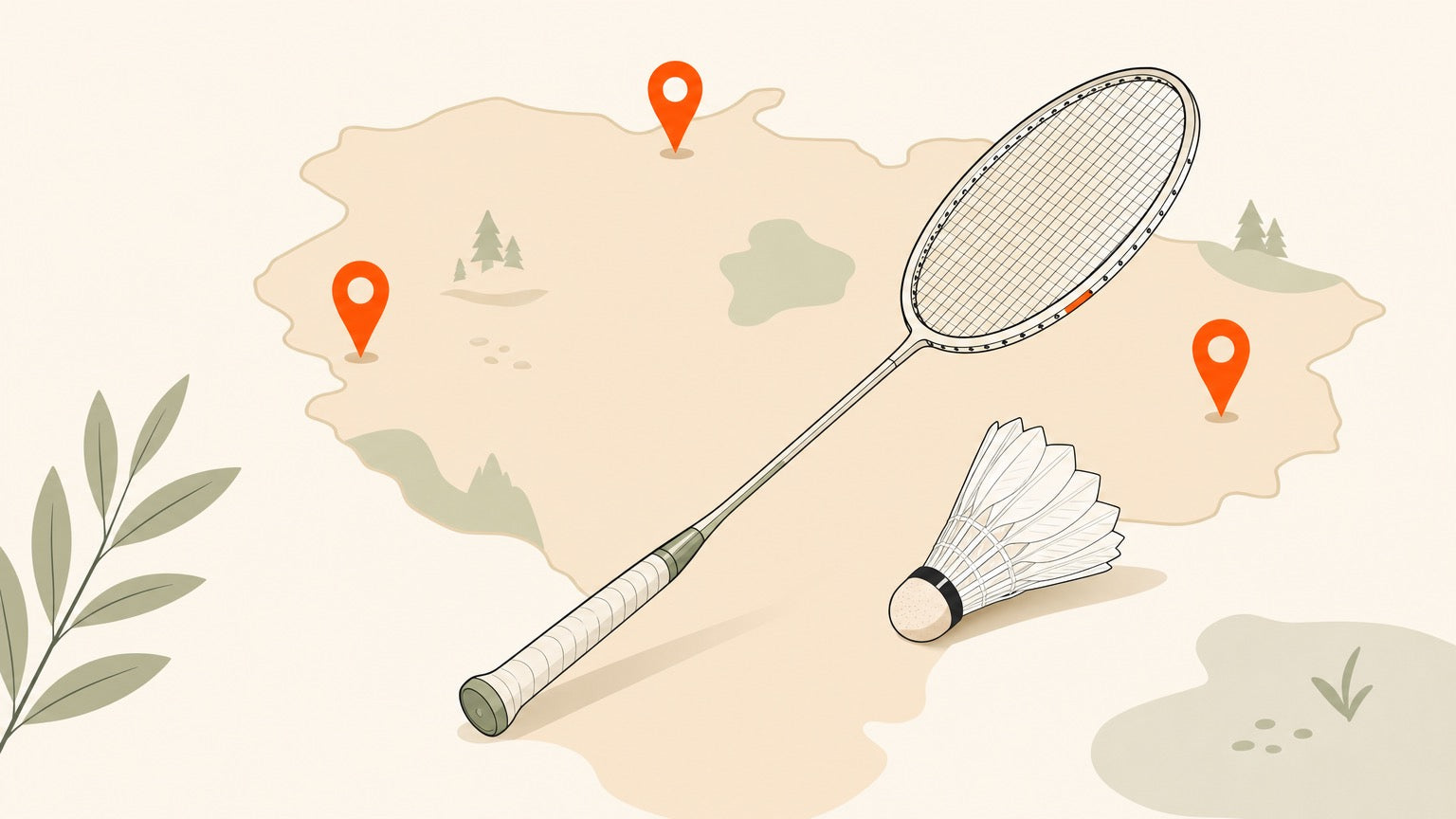 Badminton racket and shuttlecock with small location pins for a Muskoka and Parry Sound places-to-play guide