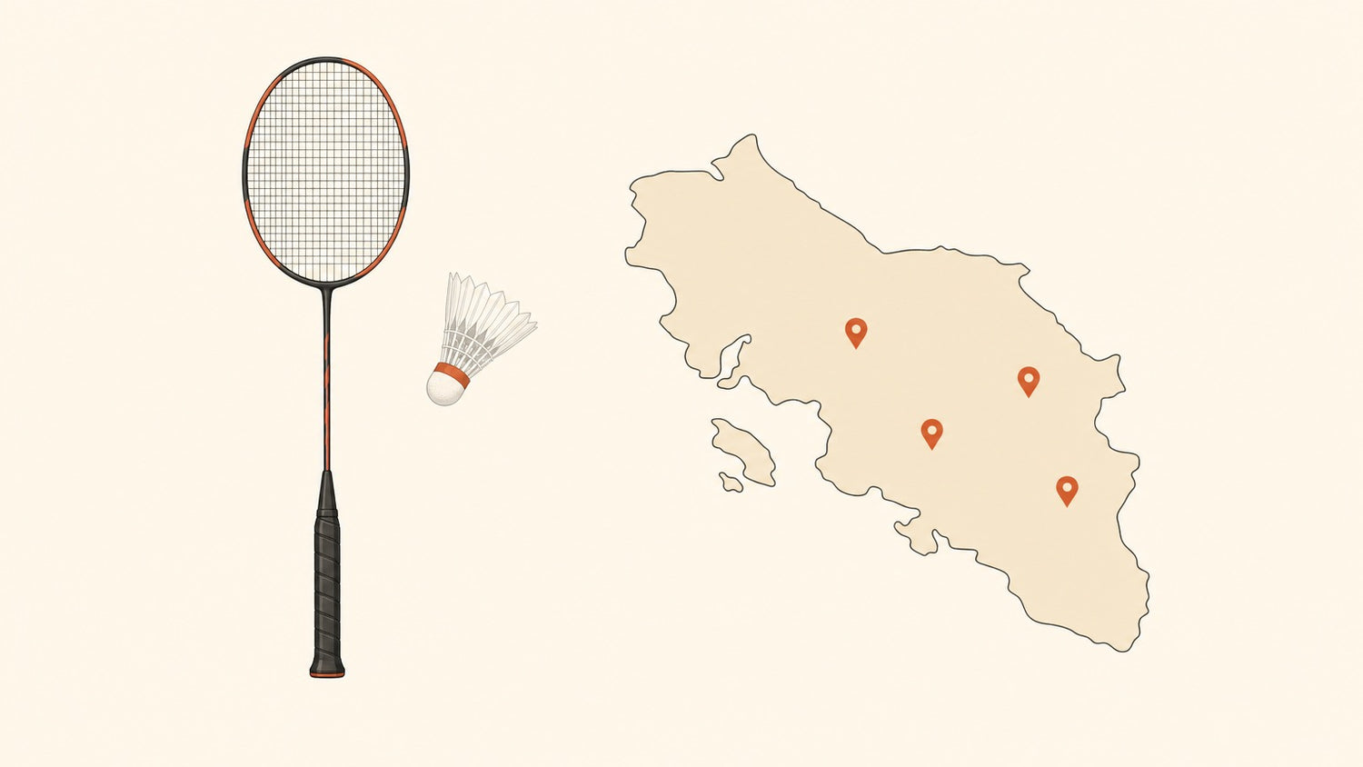 Flat vector badminton racket with strung head and a shuttlecock beside a simplified pinned map of Central Vancouver Island on a cream background.