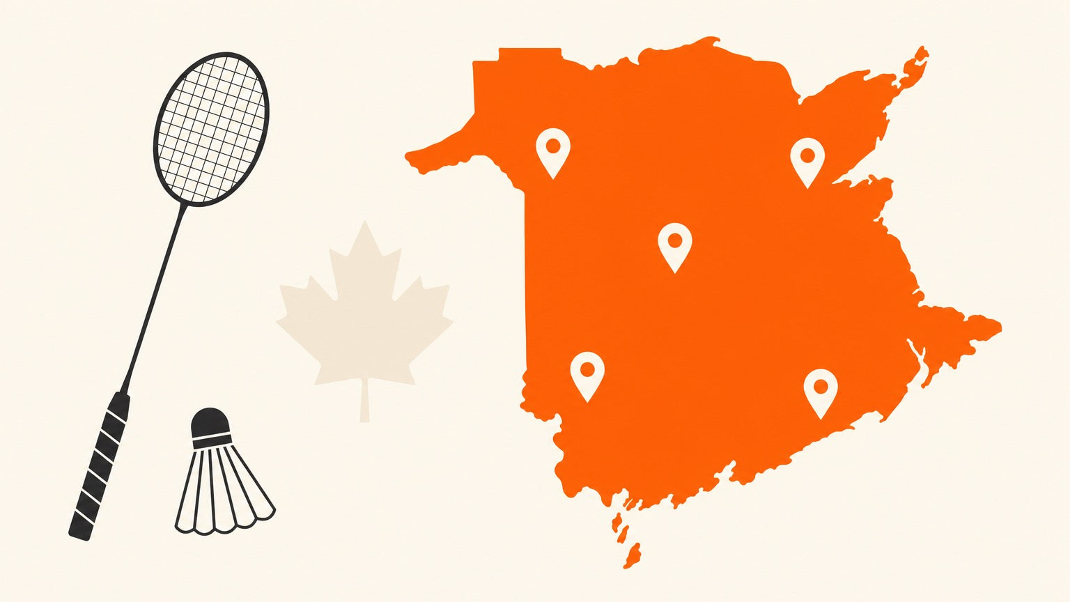 Flat vector banner showing a badminton racket, shuttlecock and location pins over an unlabeled New Brunswick map