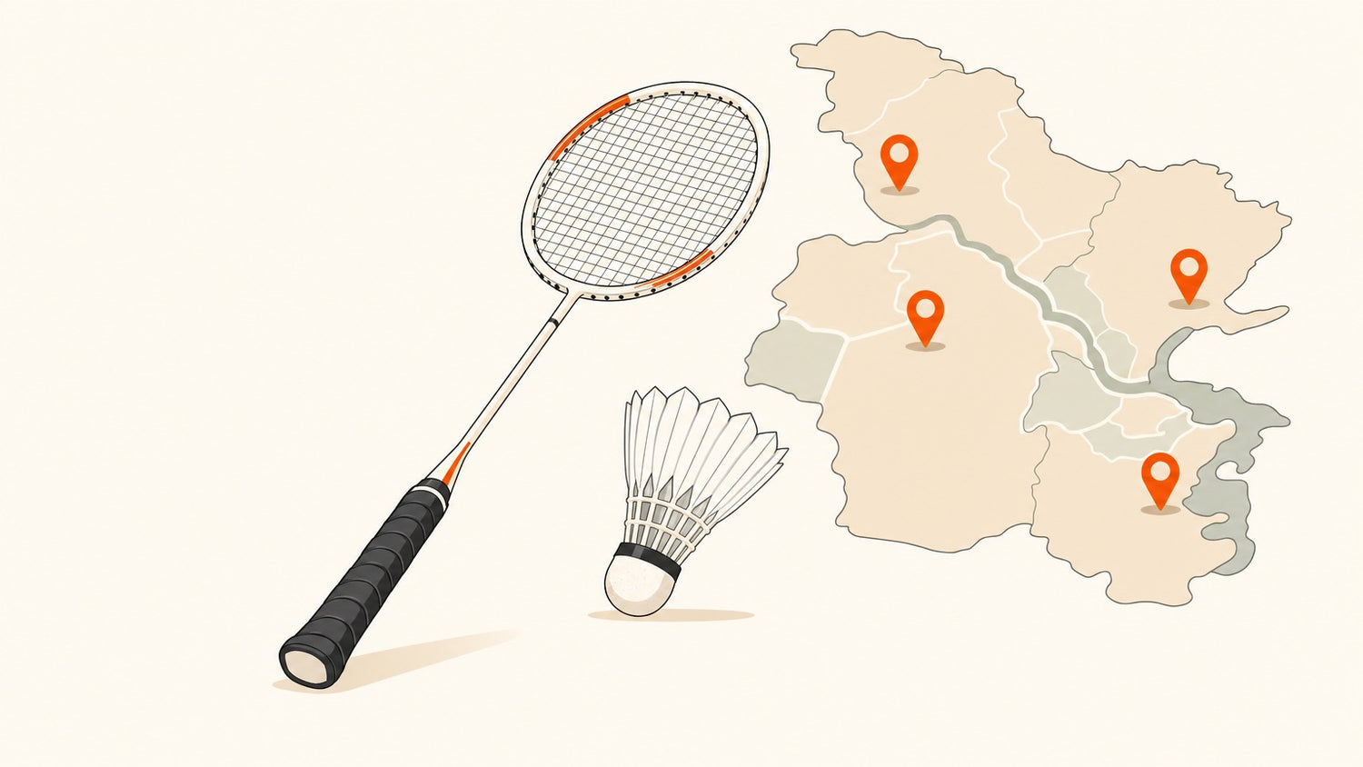 Flat vector badminton racket with visible strings, shuttlecock, and small location pins for a North Shore and New Westminster places-to-play guide