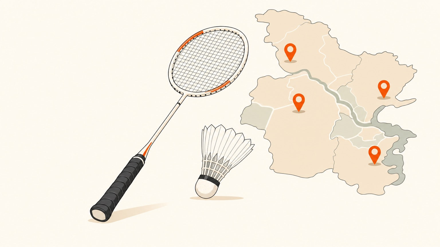 Flat vector badminton racket with visible strings, shuttlecock, and small location pins for a North Shore and New Westminster places-to-play guide