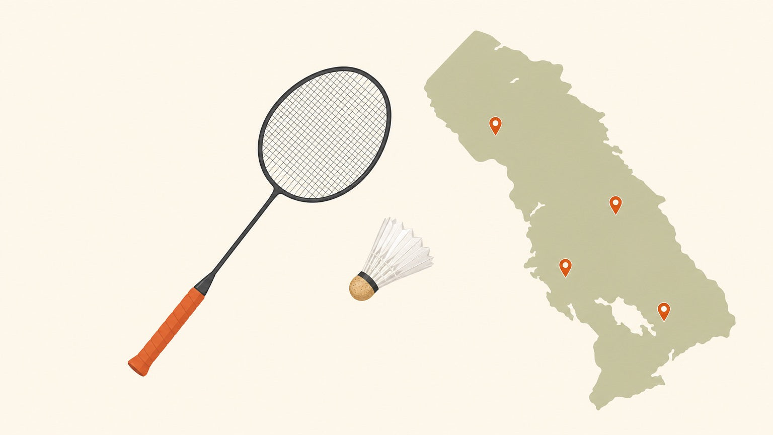 A flat-vector badminton racket with strung head and a shuttlecock floating beside a simplified regional map dotted with location pins.