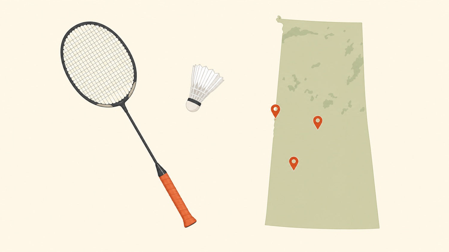 A flat-vector badminton racket with a crosshatched string bed and a shuttlecock beside a simplified regional map dotted with terracotta location pins, on a cream background.