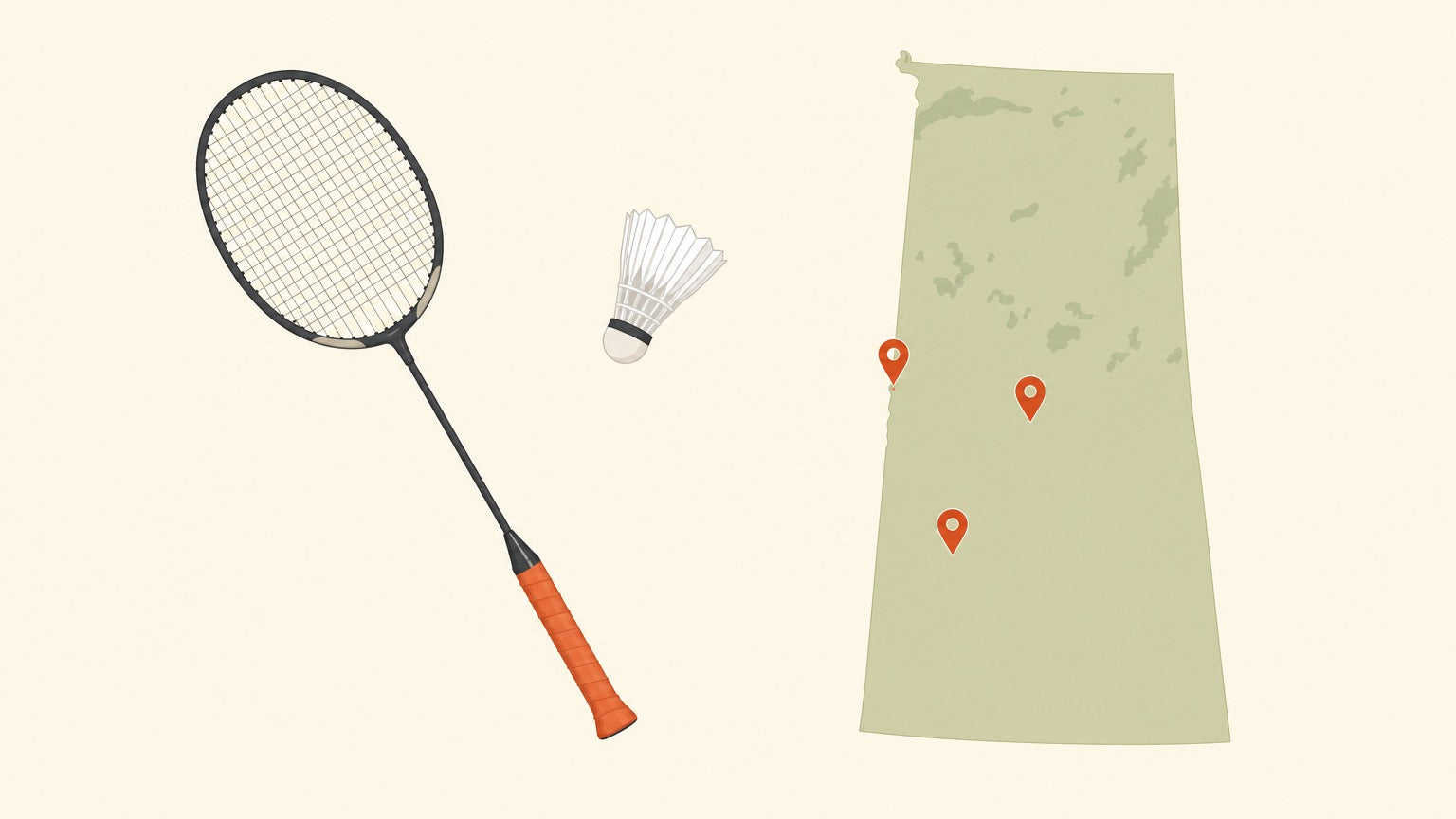 A flat-vector badminton racket with a crosshatched string bed and a shuttlecock beside a simplified regional map dotted with terracotta location pins, on a cream background.