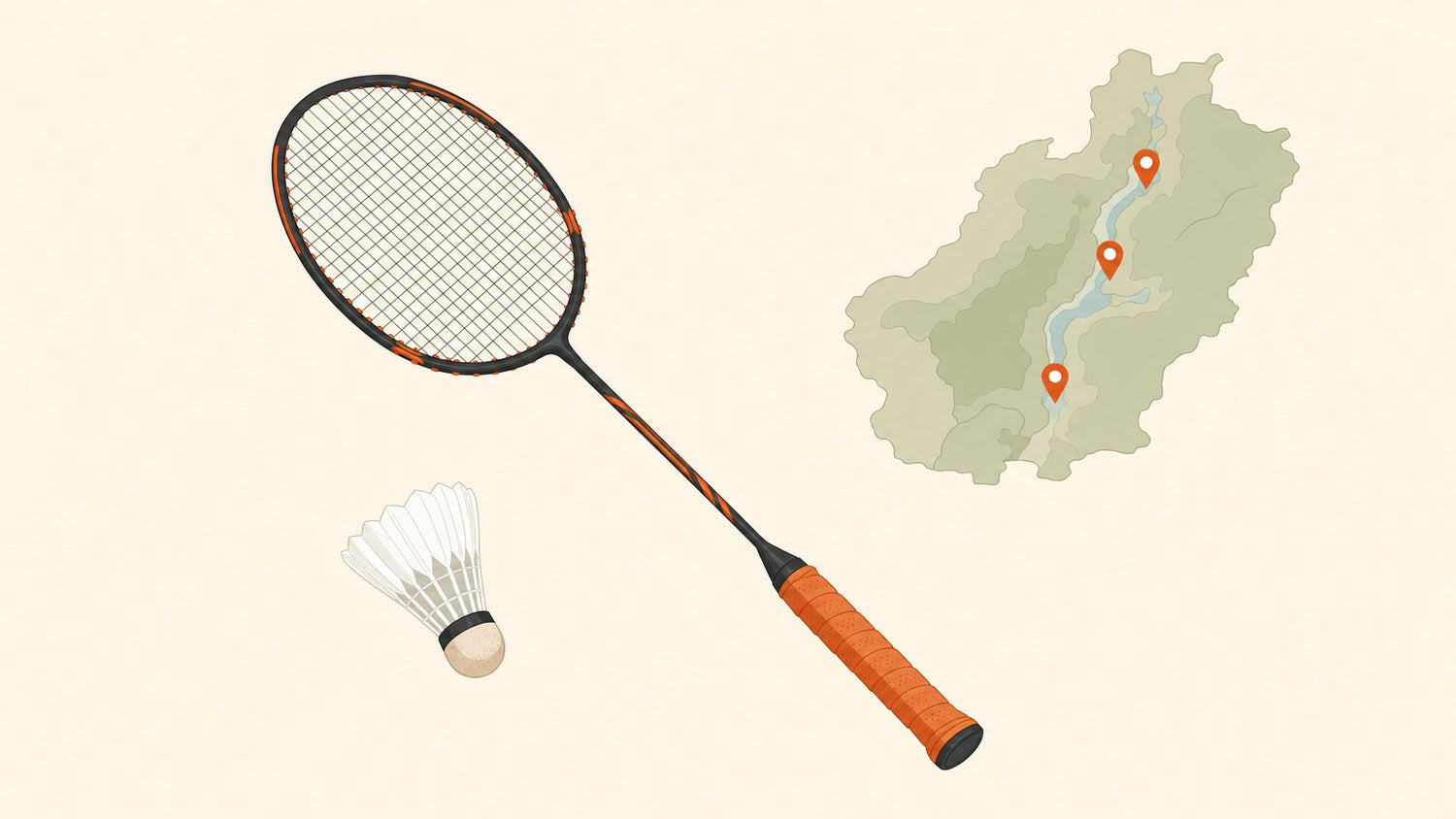 A flat vector badminton racket with a crosshatched string bed and a shuttlecock beside a simplified regional map dotted with small terracotta location pins on a cream background.