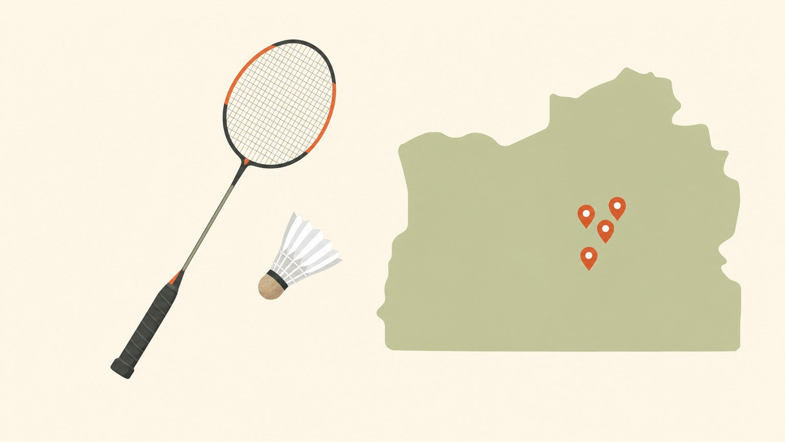 A flat-vector badminton racket with strung head and a shuttlecock beside a simple regional map dotted with small orange location pins on a cream background.