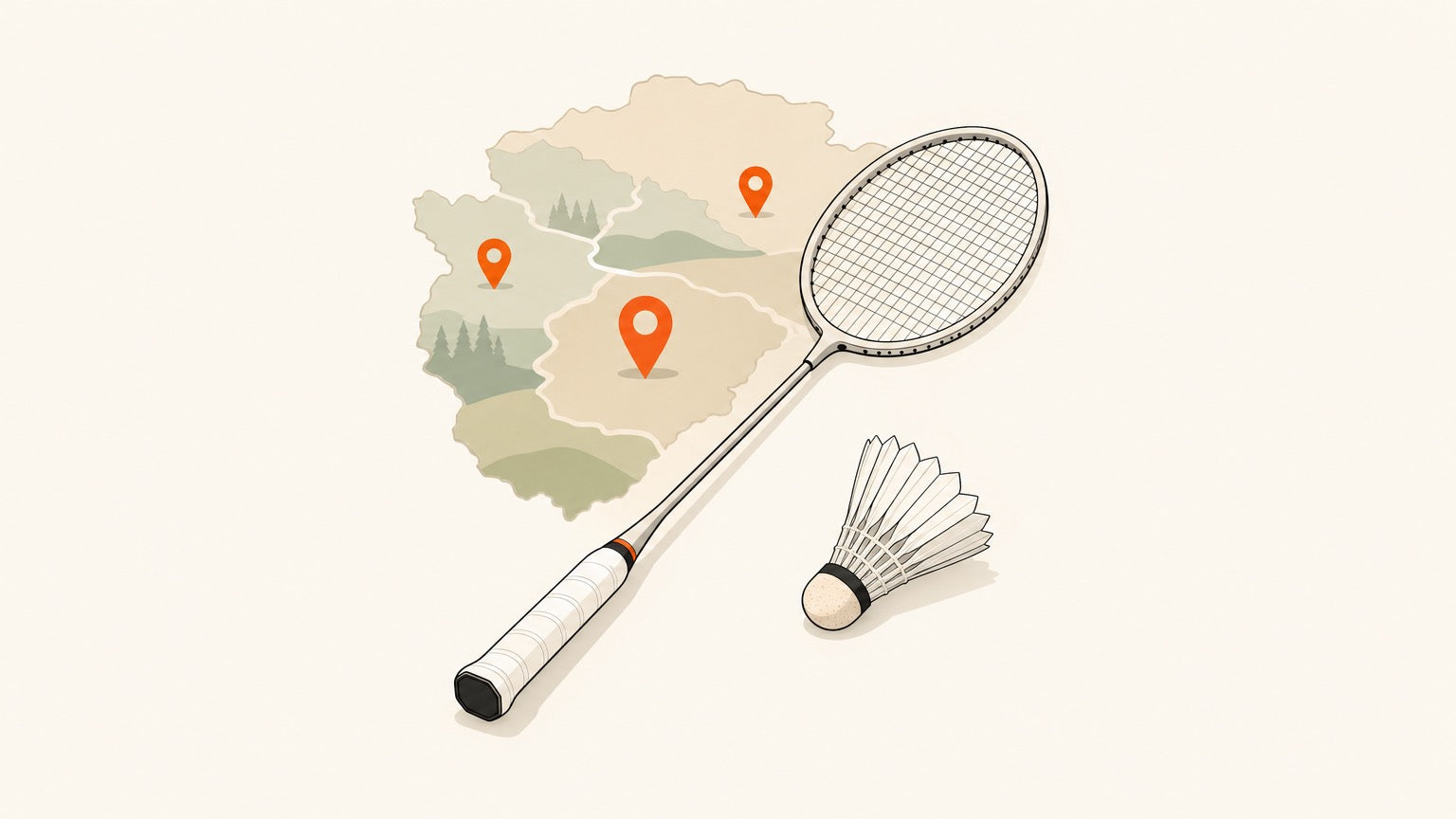 Flat vector banner showing a badminton racket, shuttlecock, and location pins for a Red Deer and Central Alberta places-to-play guide