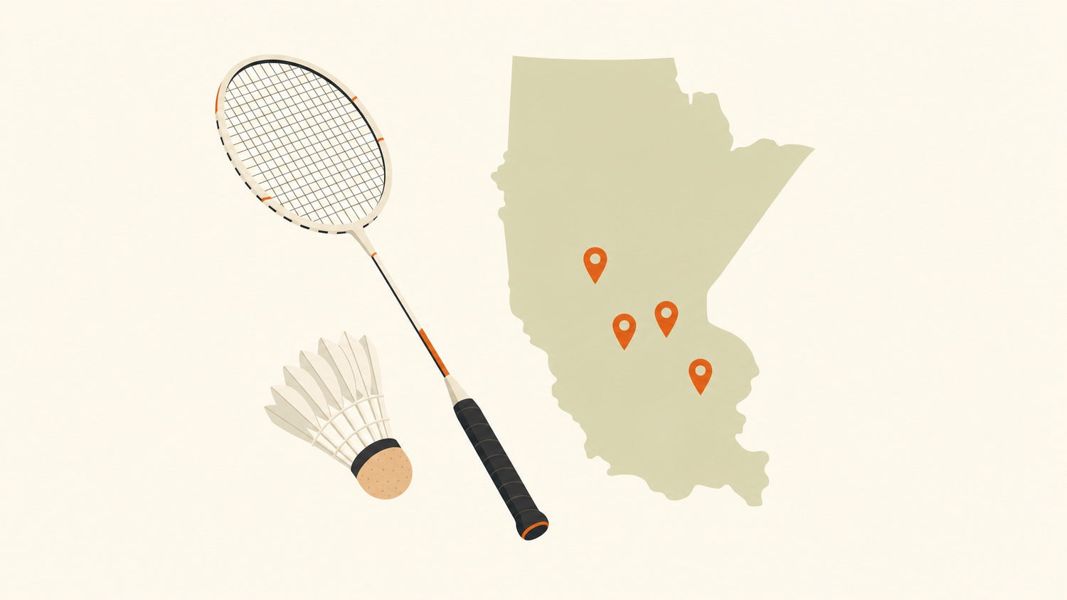 Flat vector badminton racket with a crosshatched string bed and a shuttlecock beside a simple map region dotted with terracotta location pins.