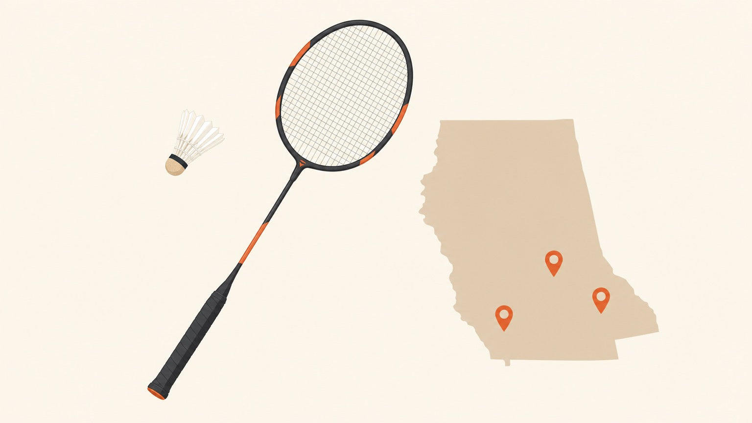 A flat-vector badminton racket with a crosshatched string bed and a shuttlecock beside a simplified regional map dotted with terracotta location pins on a cream background.
