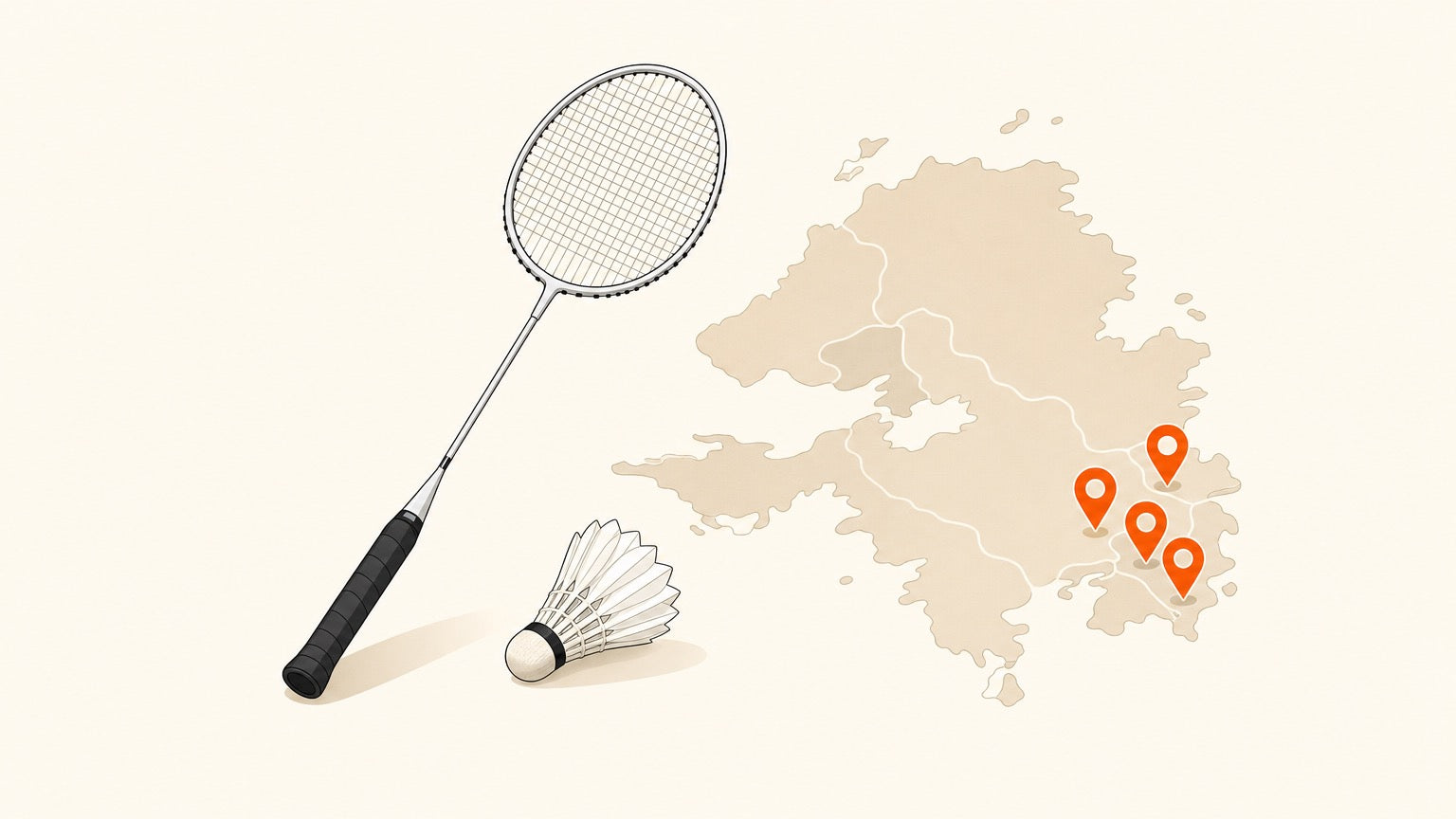 Flat vector banner with a badminton racket, shuttlecock, and location pins for a St. John's places-to-play guide