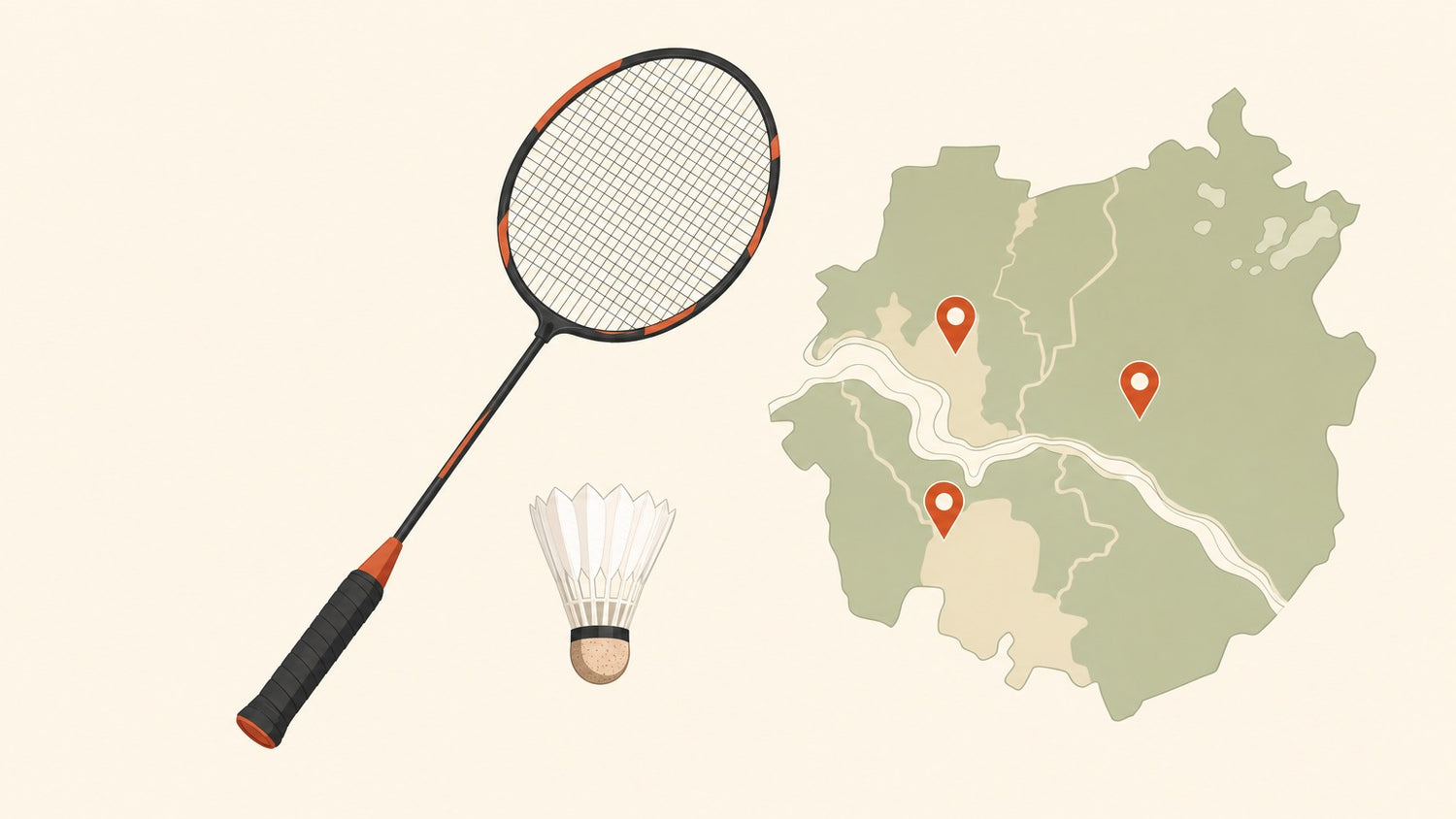 A flat-vector badminton racket with a crosshatched string bed and a shuttlecock beside a simplified regional map dotted with terracotta location pins, on a plain cream background.