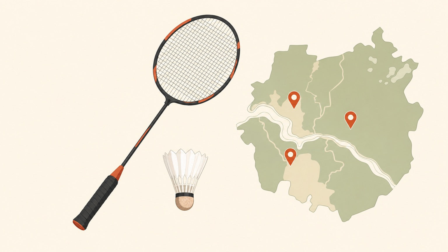 A flat-vector badminton racket with a crosshatched string bed and a shuttlecock beside a simplified regional map dotted with terracotta location pins, on a plain cream background.