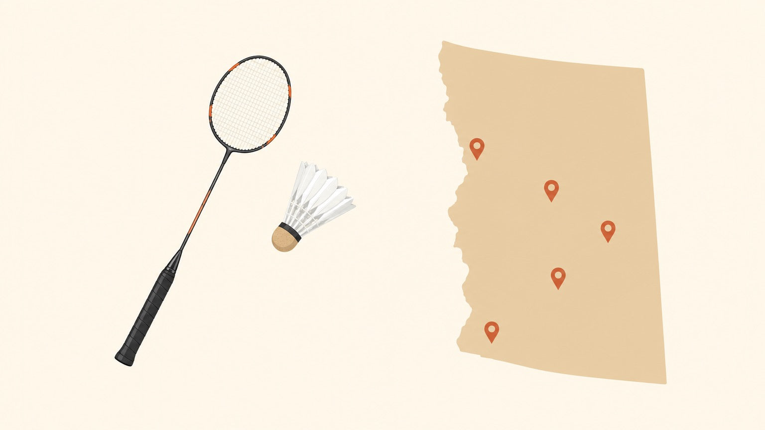 Flat-vector badminton racket with strung head and a shuttlecock beside a simplified pinned regional map shape on a cream background.