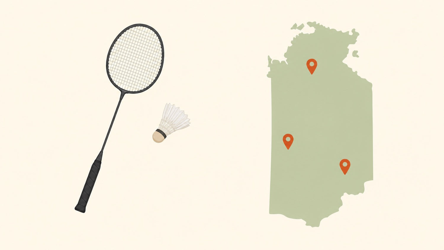 A badminton racket with a strung head and a shuttlecock floating on a cream background beside a simple regional map dotted with terracotta location pins.
