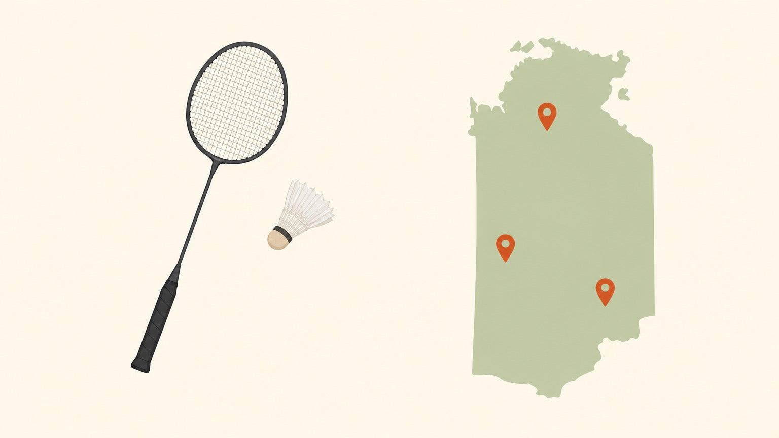 A badminton racket with a strung head and a shuttlecock floating on a cream background beside a simple regional map dotted with terracotta location pins.