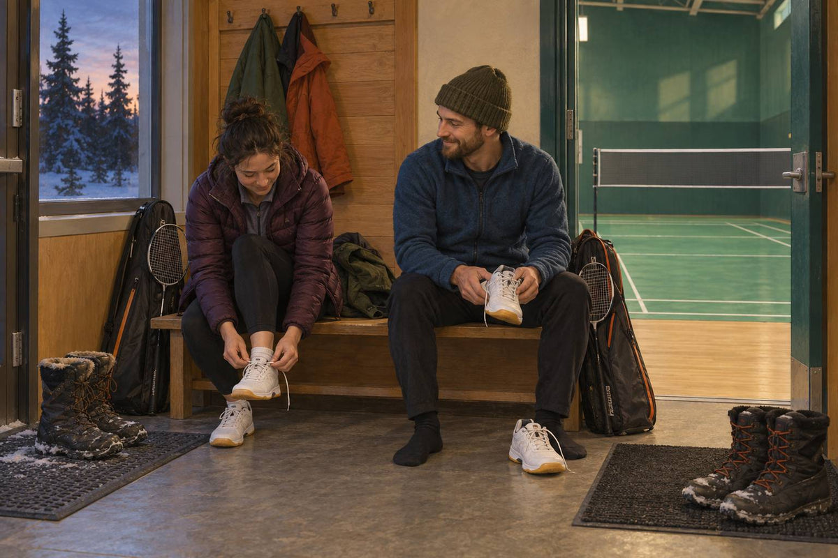 Players change into clean indoor shoes before entering a shared Yukon gym.