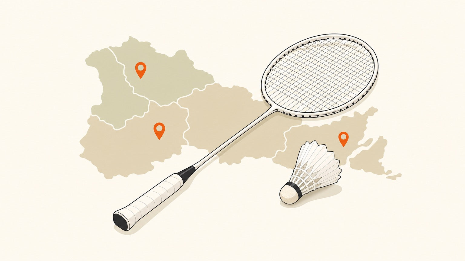 Badminton racket and shuttlecock with location pins representing places to play in Yellowknife and the Northwest Territories