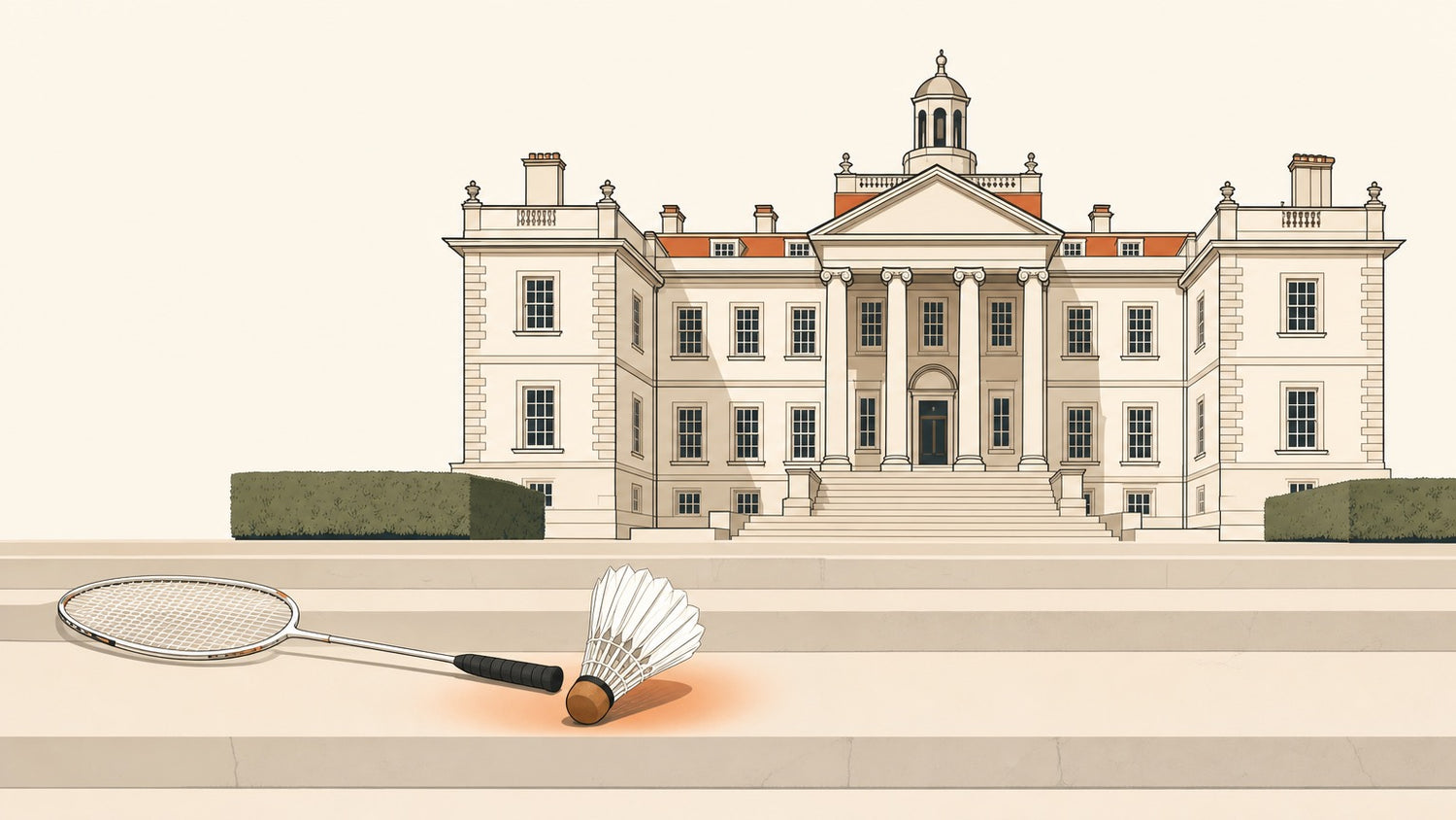 Flat vector illustration of a grand stately country house with a badminton racket and single feather shuttlecock resting on its stone steps.