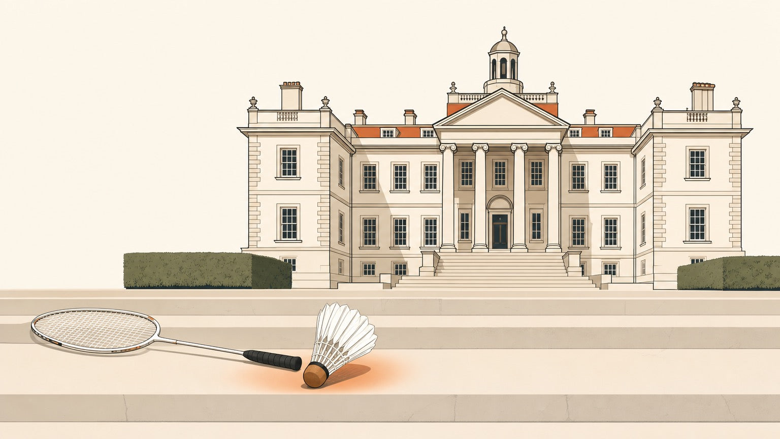 Flat vector illustration of a grand stately country house with a badminton racket and single feather shuttlecock resting on its stone steps.