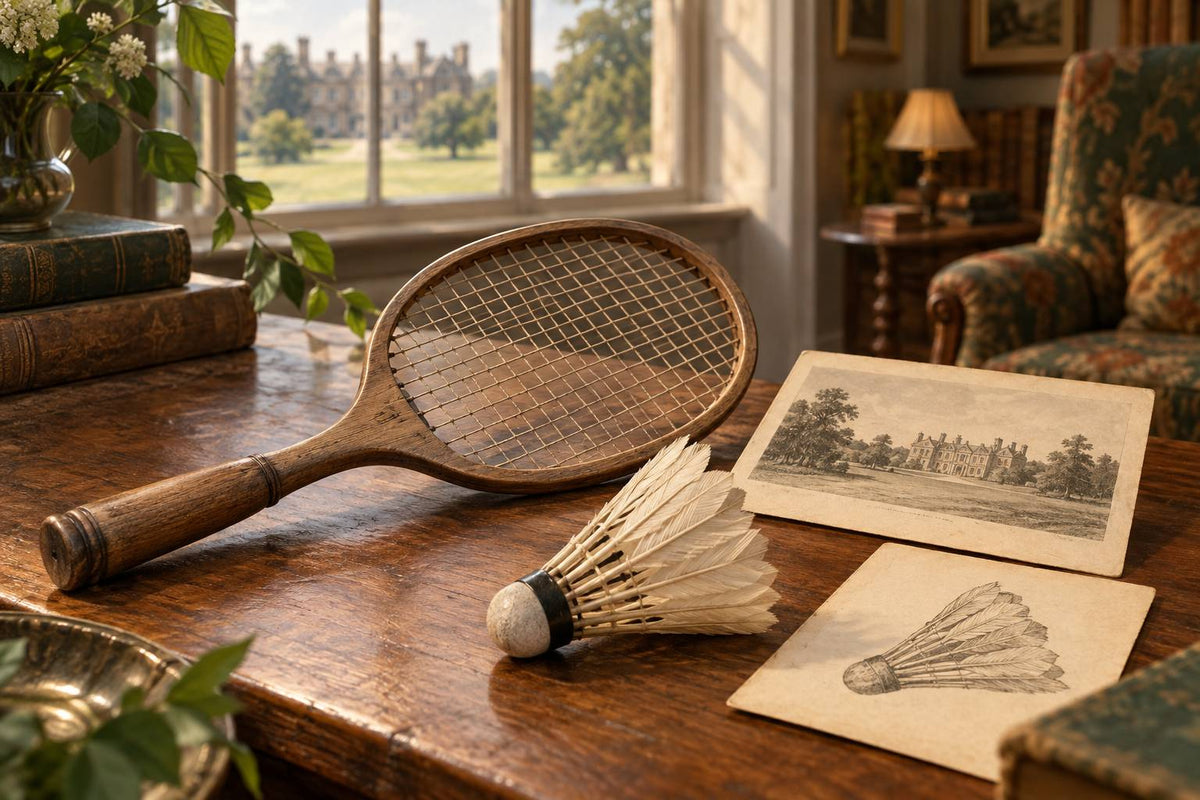 An interpretive still life connects older battledore equipment with the printed history of badminton’s name.