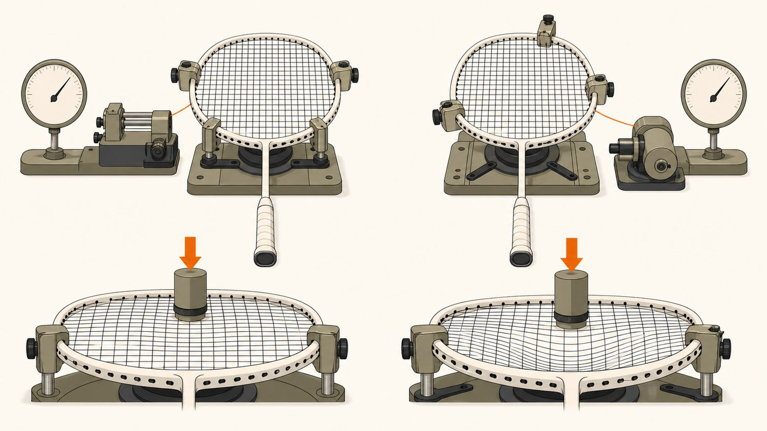 Matching badminton stringing setups show identical tension-gauge positions but different pull and clamp systems and string-bed deflection.