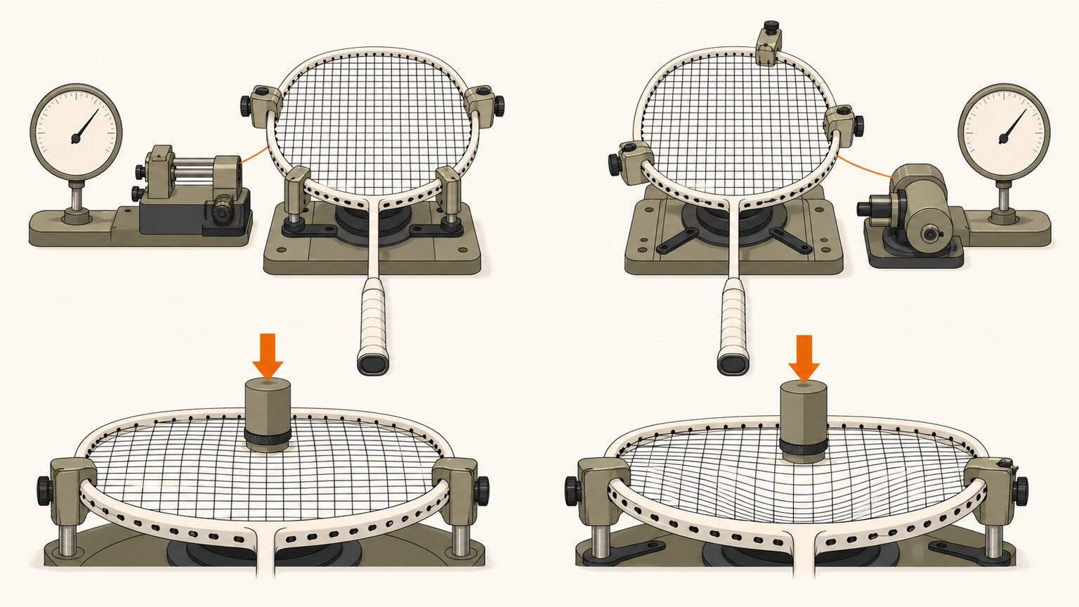 Matching badminton stringing setups show identical tension-gauge positions but different pull and clamp systems and string-bed deflection.