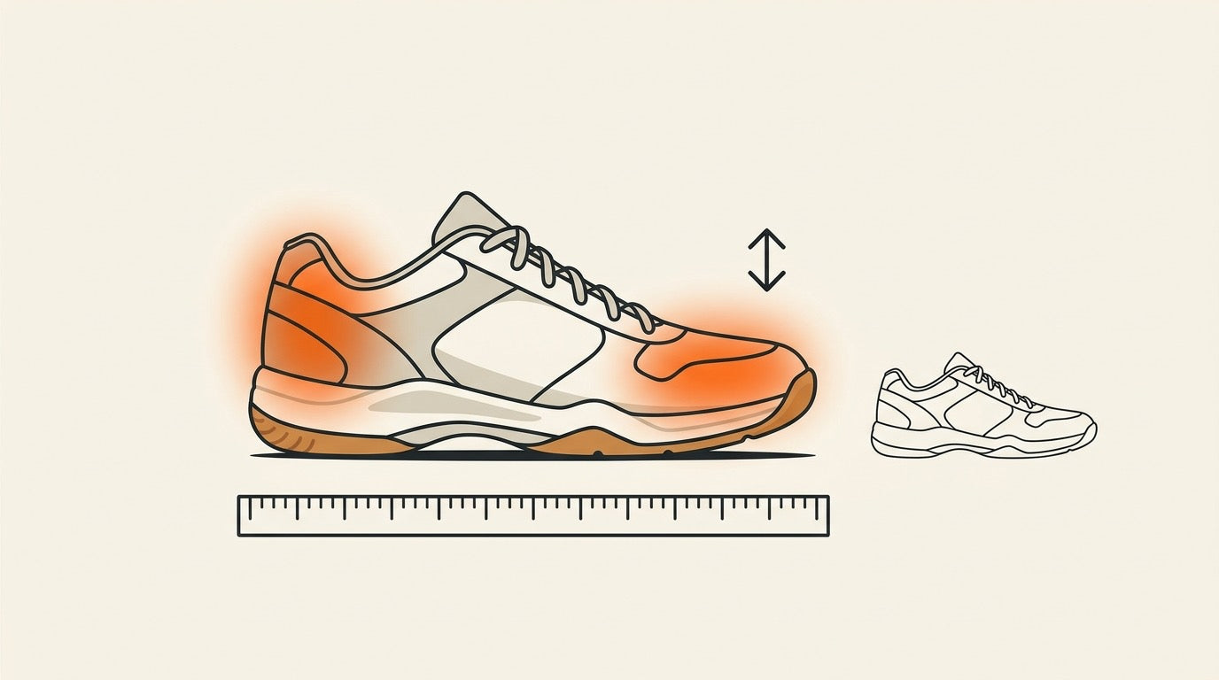 Illustration of women's badminton shoes, unisex court shoes, and a measuring tape on an indoor badminton court
