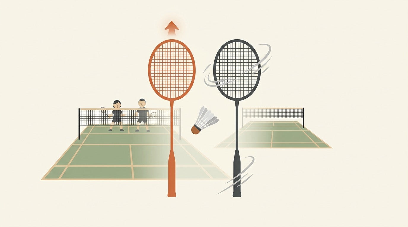 Illustrated doubles badminton court showing rear-court power and front-court control roles for Astrox 88D vs 88S comparison