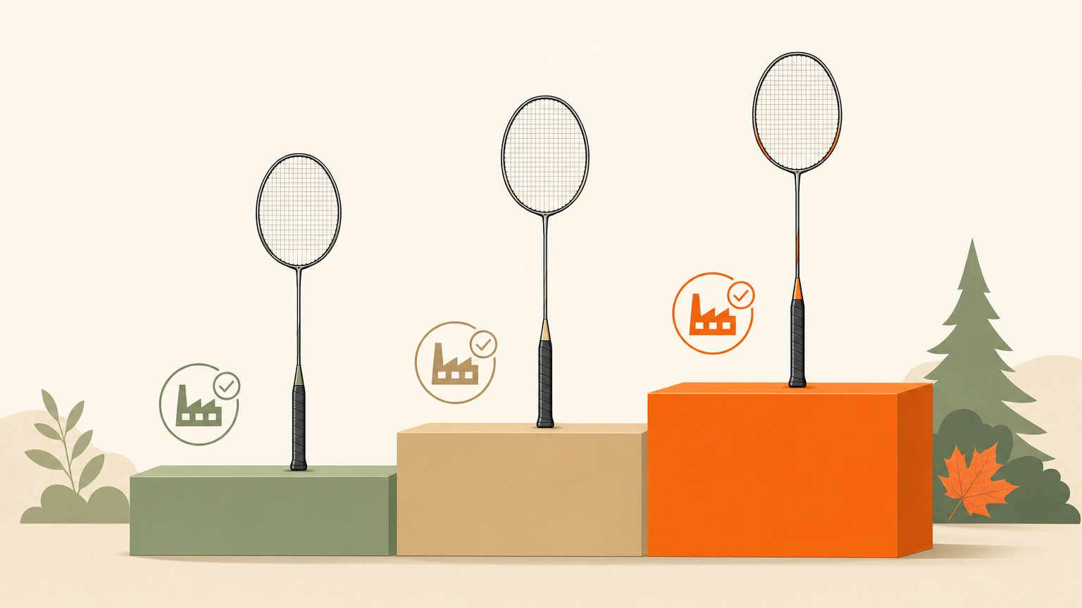 Three badminton rackets arranged on tiered steps to represent Yonex manufacturing tiers