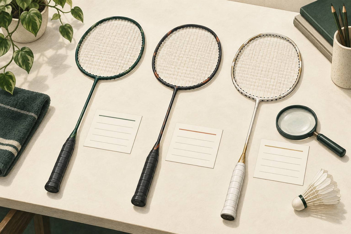 Editorial still life of generic rackets beside specification cards for comparing model, origin and feel.