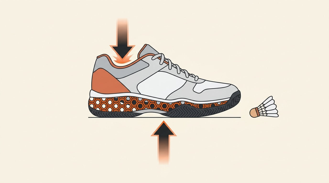 Illustrated cutaway badminton shoe midsole with cushioning layers and an egg bouncing on an indoor court