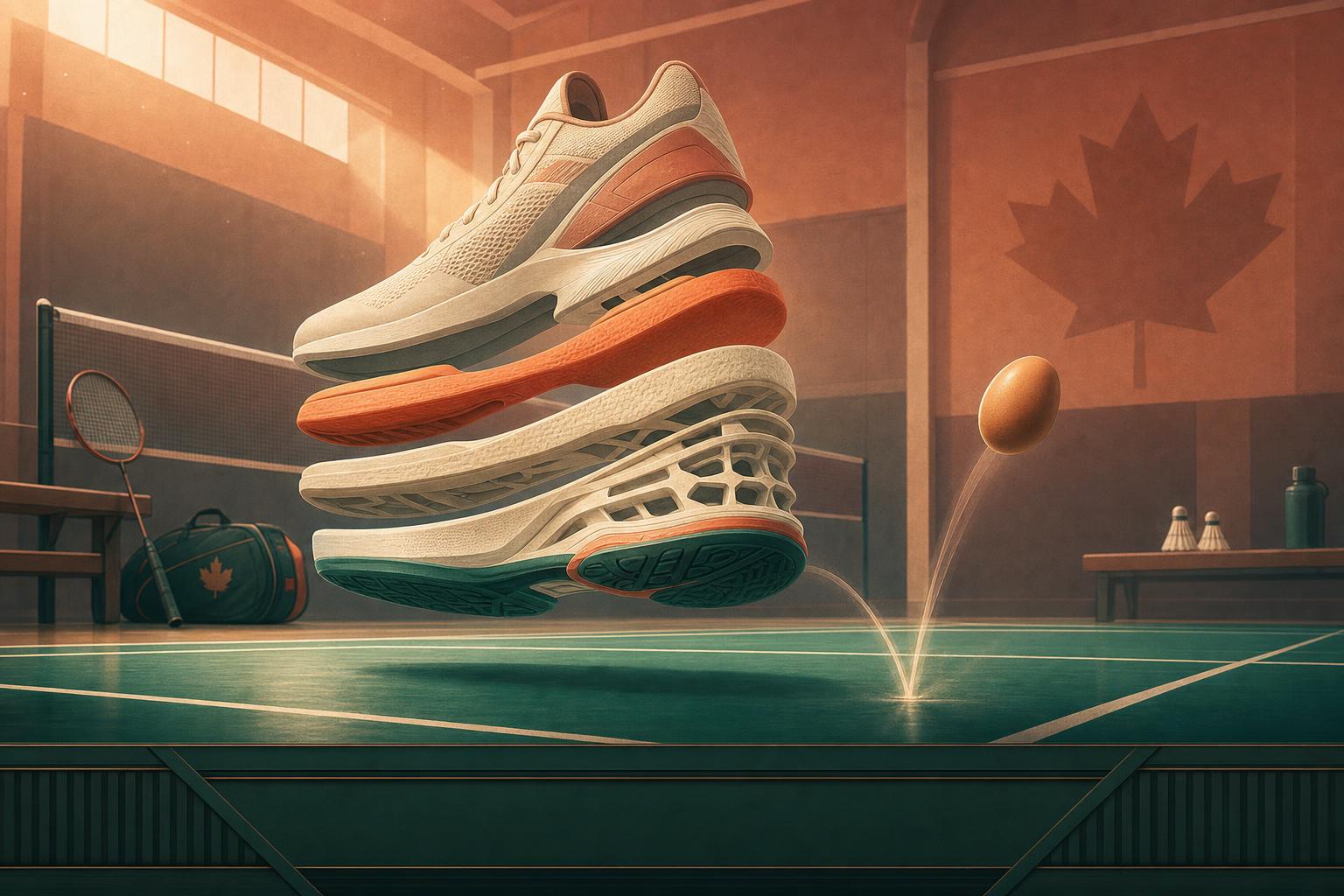 Illustrated cutaway badminton shoe midsole with cushioning layers and an egg bouncing on an indoor court