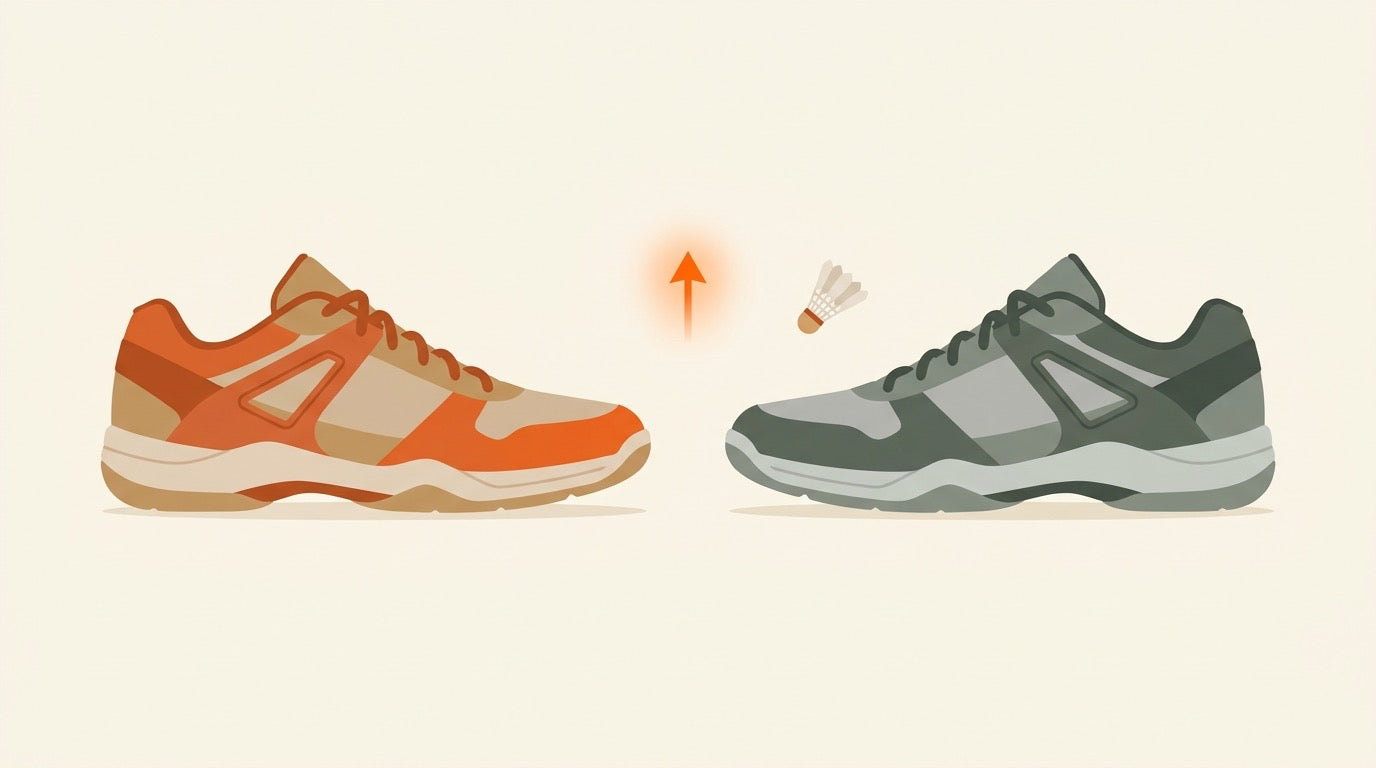 Illustrated badminton court banner comparing two pairs of indoor court shoes for fit, cushioning and grip