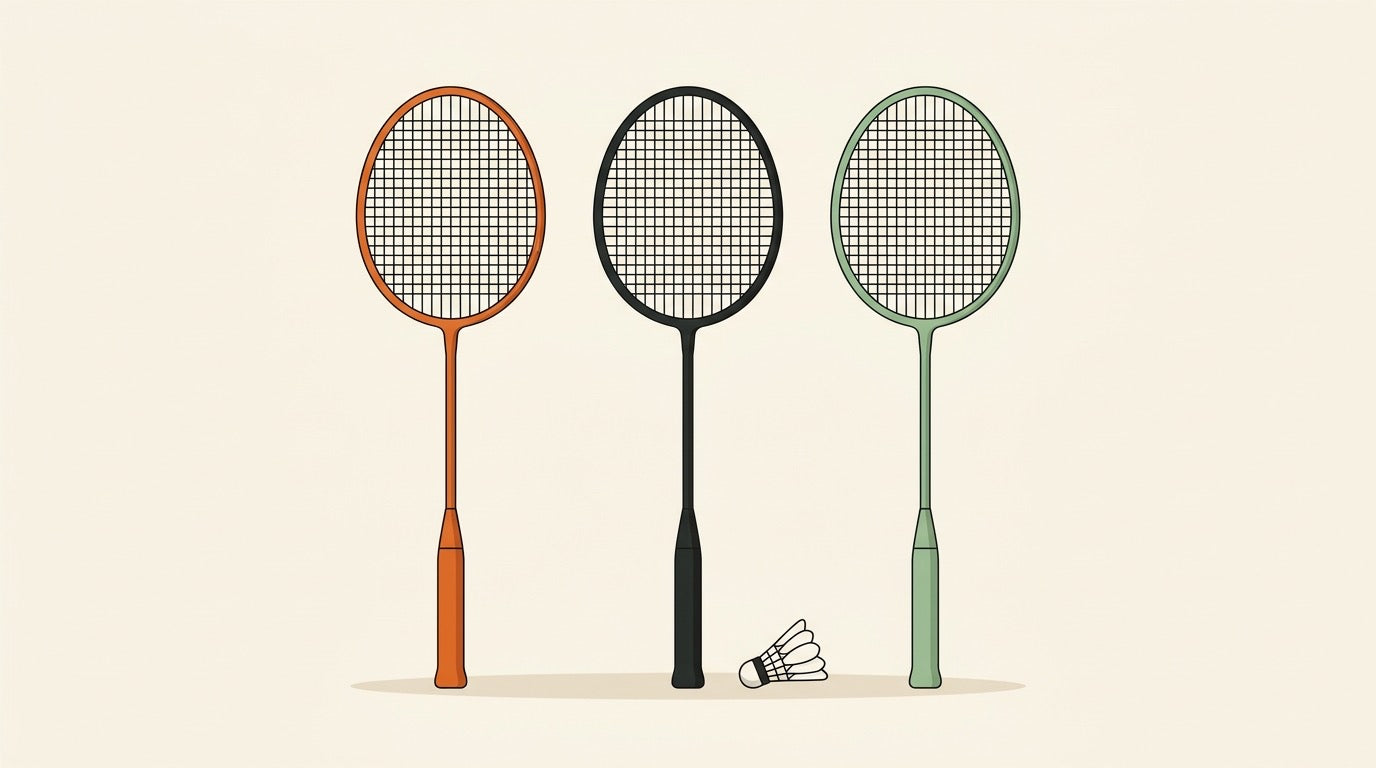 Illustrated badminton court with three rackets representing Yonex, Victor, and Li-Ning racket brand choices