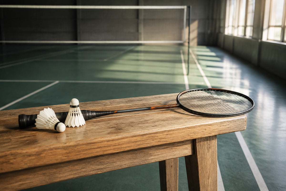 Badminton racket and shuttlecocks on a courtside bench
