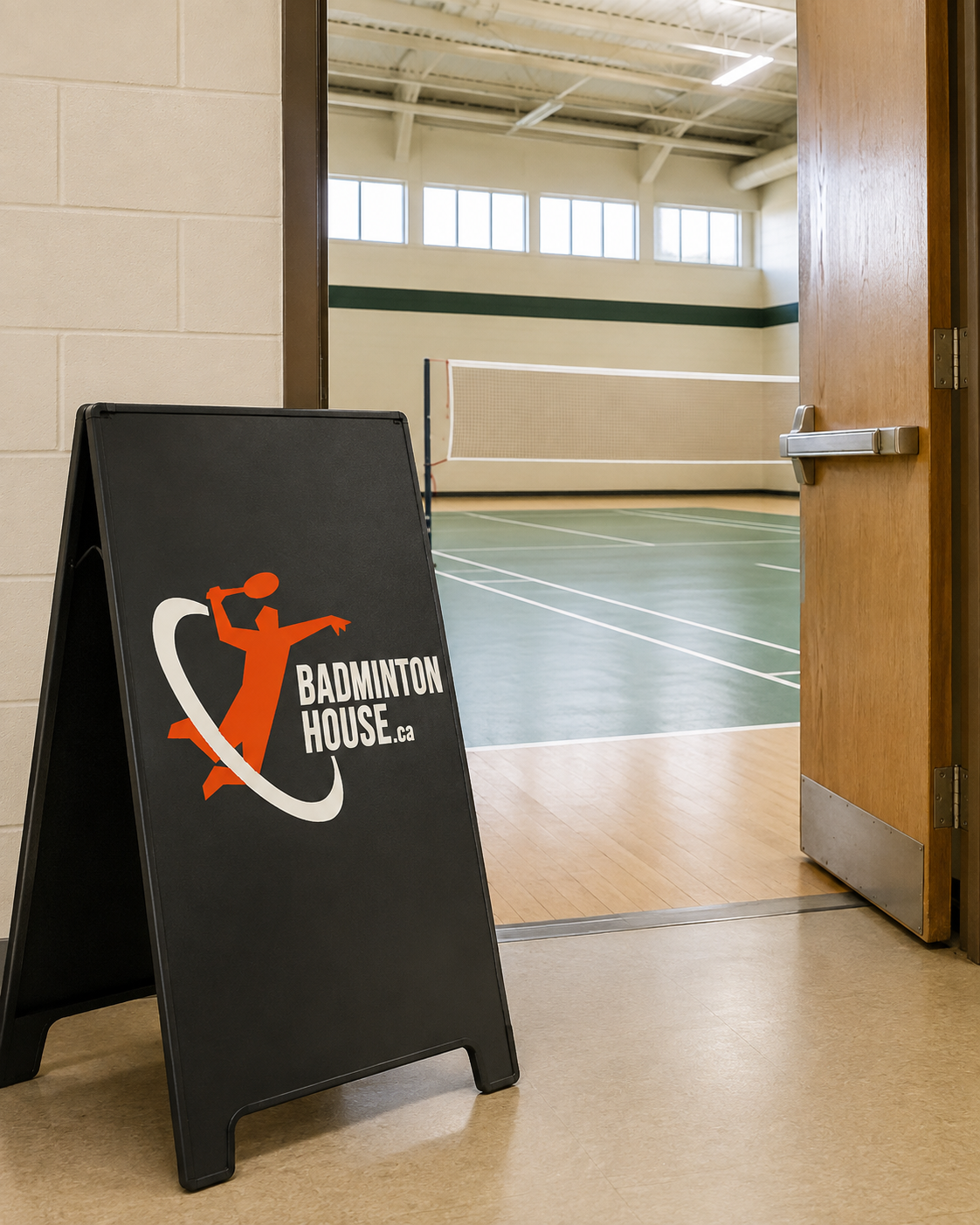 Badminton House sign beside the entrance to an indoor badminton court