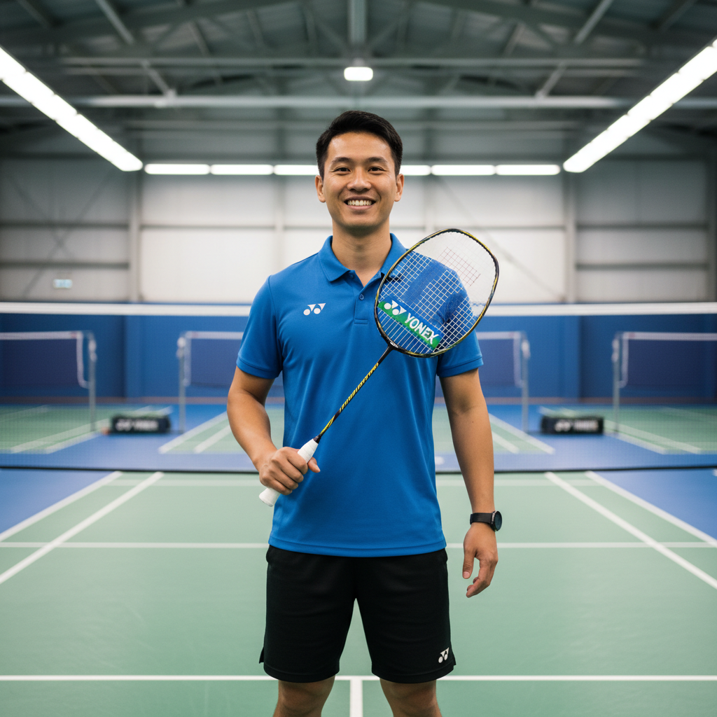 Propriétaire de la boutique avec une raquette Yonex sur le terrain