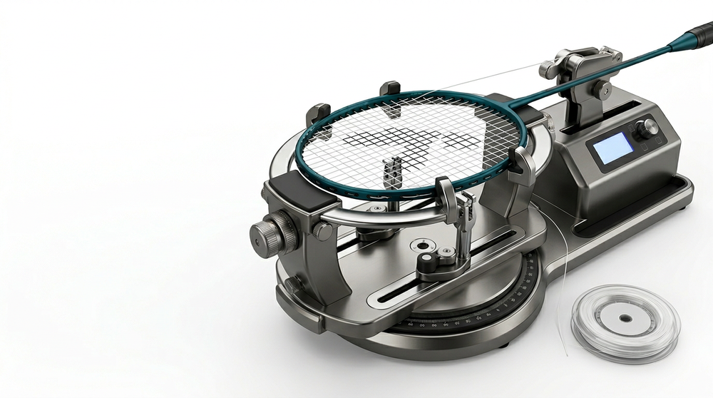 Badminton racket mounted on a stringing machine